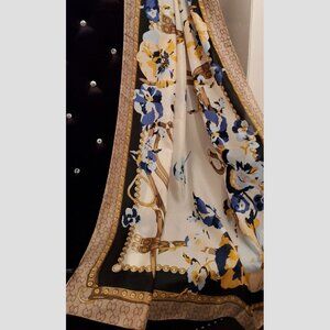 Beautiful Silk like Scarf Cream Floral with Border Wrap